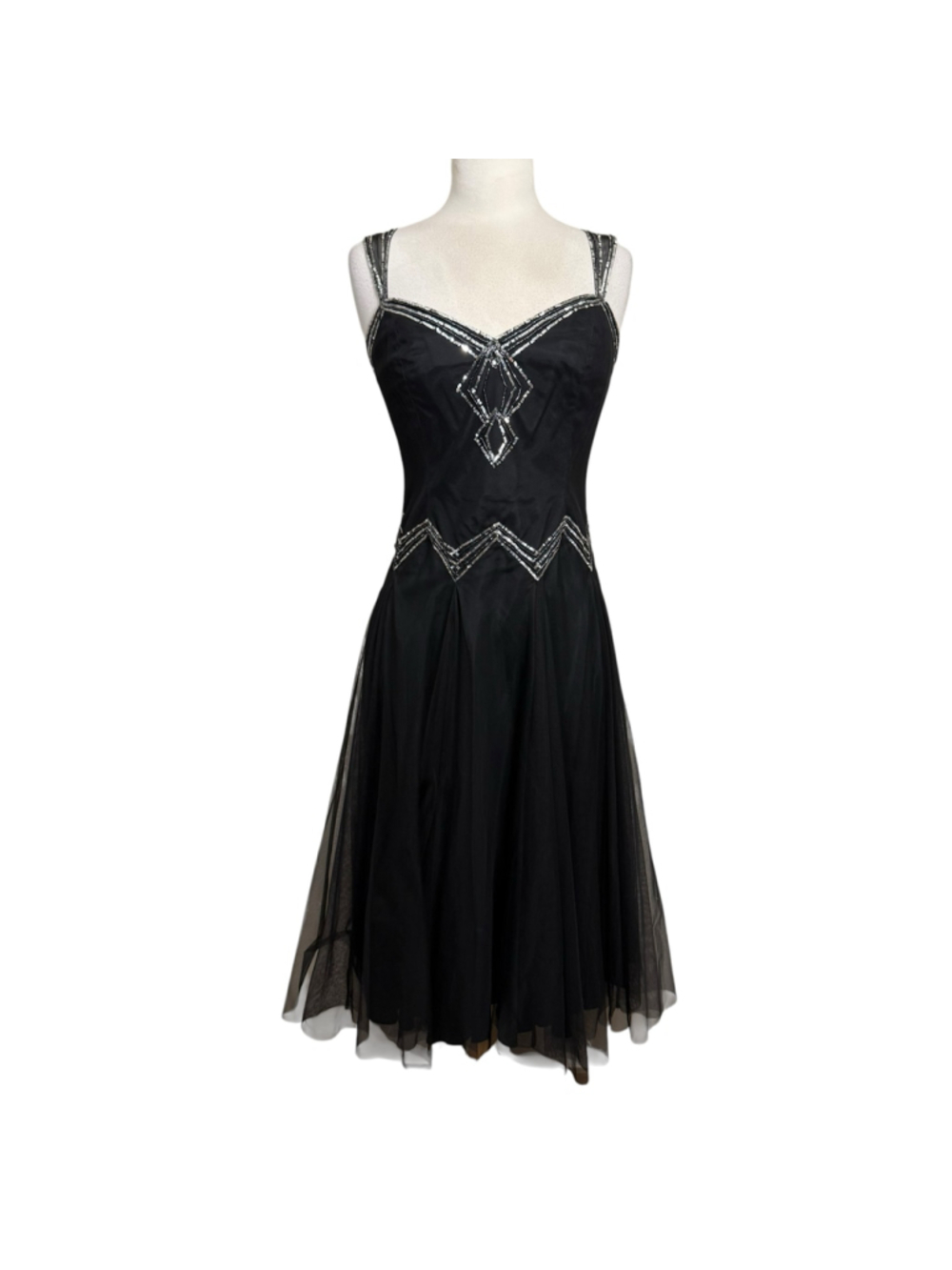 Vintage Papell Boutique Evening Black Beaded Formal Dress Tulle Midi Size 8